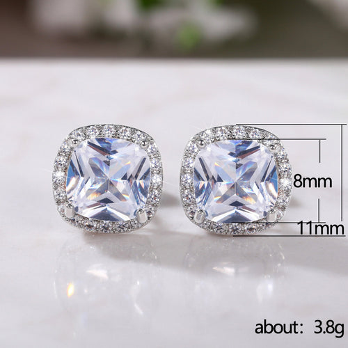 Women’s Luxury Square Cubic Zirconia Stud Earrings with White Crystal Halo – Elegant Silver-Tone Bridal & Party Jewelry