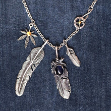 Load image into Gallery viewer, Feather and Hemp Leaf Necklace - Stainless Steel Boho Hippie Jewelry with Blue Stone, Unisex, Durable &amp; Hypoallergenic Special Jewel