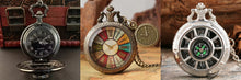 Load image into Gallery viewer, Unisex Vintage Style Pocket Watch Necklace with Charm | Antique Design | Roman Numeral | Beautiful Sky Dial Glass Flip  Necklace