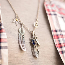 Load image into Gallery viewer, Feather and Hemp Leaf Necklace - Stainless Steel Boho Hippie Jewelry with Blue Stone, Unisex, Durable &amp; Hypoallergenic Special Jewel