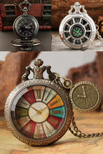 Load image into Gallery viewer, Unisex Vintage Style Pocket Watch Necklace with Charm | Antique Design | Roman Numeral | Beautiful Sky Dial Glass Flip  Necklace