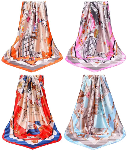 Scarf Shack Women’s Silk Feel Square Hair Neck Scarf Sleeping Headscarf, Vintage Style Envelope & Fashion Illustration Print Fashion Bandana