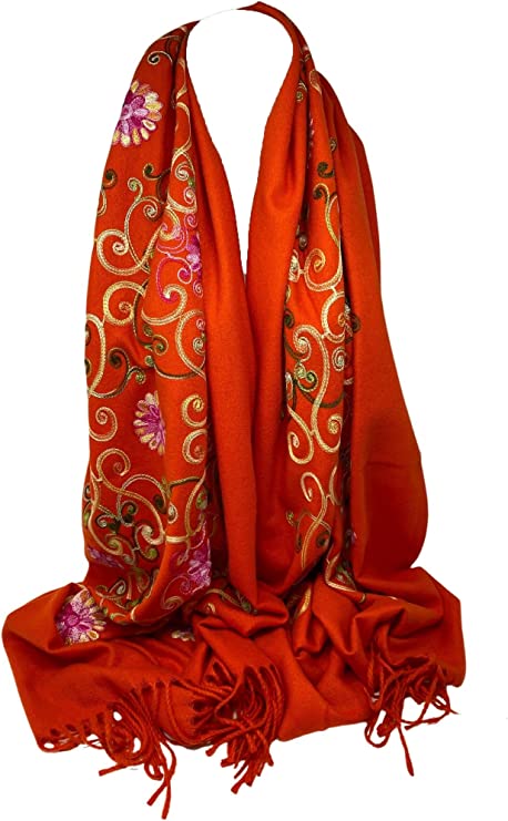 Scarf Shack Women's Large Embroidered Scarf, Pashmina Feel Warp Shawl Stole Head Scarves