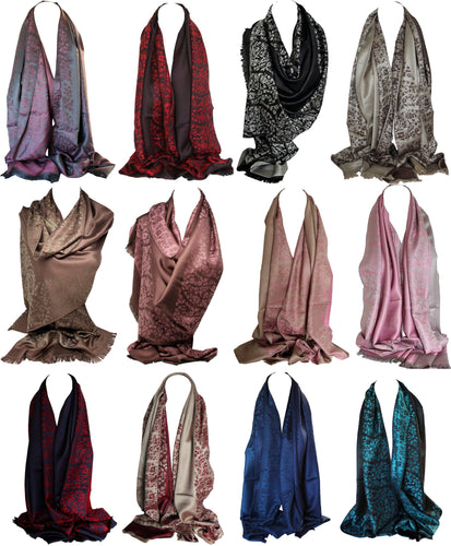 Scarf Shack Women's Two Sided Floral Print Pashmina Style Self Embossed Cashmere Feel Scarf Wrap Stole Shawl Head Scarves