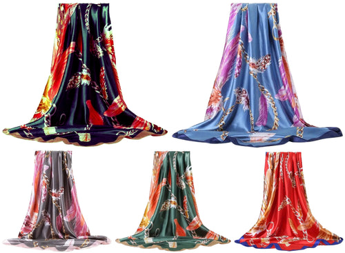 Scarf Shack Women’s Silk Feel Square Hair Neck Scarf Sleeping Headscarf, Feather and Chains Print Fashion Bandana