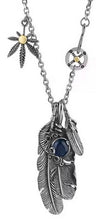 Load image into Gallery viewer, Feather and Hemp Leaf Necklace - Stainless Steel Boho Hippie Jewelry with Blue Stone, Unisex, Durable &amp; Hypoallergenic Special Jewel