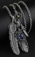 Load image into Gallery viewer, Feather and Hemp Leaf Necklace - Stainless Steel Boho Hippie Jewelry with Blue Stone, Unisex, Durable &amp; Hypoallergenic Special Jewel