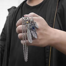 Load image into Gallery viewer, Feather and Hemp Leaf Necklace - Stainless Steel Boho Hippie Jewelry with Blue Stone, Unisex, Durable &amp; Hypoallergenic Special Jewel