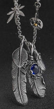 Load image into Gallery viewer, Feather and Hemp Leaf Necklace - Stainless Steel Boho Hippie Jewelry with Blue Stone, Unisex, Durable &amp; Hypoallergenic Special Jewel