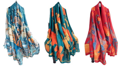 Large Silk Women Scarf, Floral Print Silky Feel Head Wrap Shawl, Light Weight Fashion Neck Scarves for Ladies Multicolored