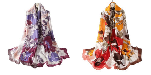 Large Silk Women Scarf, Oil Painting Style Plant Print Silky Feel Head Wrap Shawl, Light Weight Fashion Neck Scarves for Ladies Multicolored