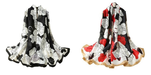 Large Silk Women Scarf, Summer Floral Print Silky Feel Head Wrap Shawl, Light Weight Fashion Neck Scarves for Ladies Multicolored