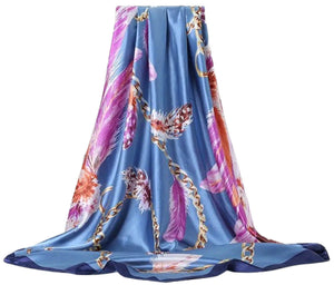 Scarf Shack Women’s Silk Feel Square Hair Neck Scarf Sleeping Headscarf, Feather and Chains Print Fashion Bandana