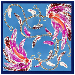Scarf Shack Women’s Silk Feel Square Hair Neck Scarf Sleeping Headscarf, Feather and Chains Print Fashion Bandana