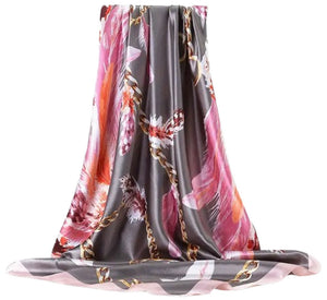 Scarf Shack Women’s Silk Feel Square Hair Neck Scarf Sleeping Headscarf, Feather and Chains Print Fashion Bandana
