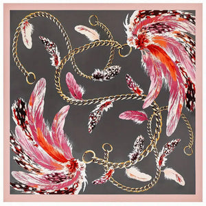 Scarf Shack Women’s Silk Feel Square Hair Neck Scarf Sleeping Headscarf, Feather and Chains Print Fashion Bandana