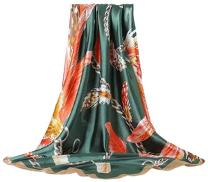 Scarf Shack Women’s Silk Feel Square Hair Neck Scarf Sleeping Headscarf, Feather and Chains Print Fashion Bandana
