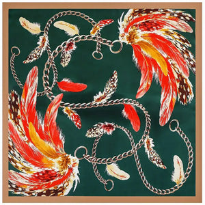 Scarf Shack Women’s Silk Feel Square Hair Neck Scarf Sleeping Headscarf, Feather and Chains Print Fashion Bandana