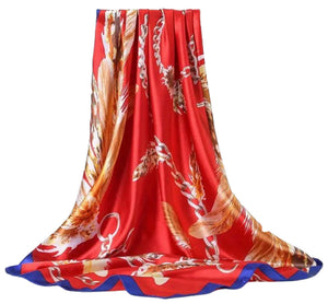 Scarf Shack Women’s Silk Feel Square Hair Neck Scarf Sleeping Headscarf, Feather and Chains Print Fashion Bandana