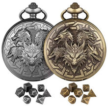 Load image into Gallery viewer, Antique Embossed Roaring Western Dragon Pocket Watch with Chain Case Dice Portable Metal Dice Box for DND Player Table Top Game