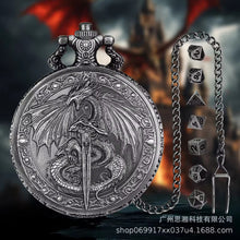 Load image into Gallery viewer, Antique Embossed Roaring Western Dragon Pocket Watch with Chain Case Dice Portable Metal Dice Box for DND Player Table Top Game