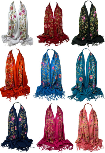 Scarf Shack Women's Large Embroidered Scarf, Pashmina Feel Warp Shawl Stole Head Scarves