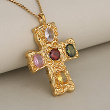 Load image into Gallery viewer, Oval Gemstone Pendant Hammered Stainless Steel Cross Pendant Christian Cross Necklace Men's Religious Jesus Crucifix