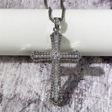 Load image into Gallery viewer, New Style Cross Shaped Shiny Micro Paved Cubic Zirconia Pendant Silver Color Unique Design Fashion Jewelry Cute Heart Cross Necklace Women