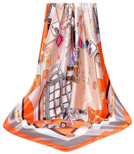 Load image into Gallery viewer, Scarf Shack Women’s Silk Feel Square Hair Neck Scarf Sleeping Headscarf, Vintage Style Envelope &amp; Fashion Illustration Print Fashion Bandana