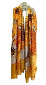 Large Silk Women Scarf, Sunflower Print Summer Silky Feel Head Wrap Shawl, Light Weight Fashion Neck Scarves for Ladies