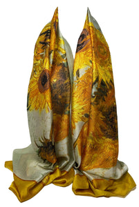 Large Silk Women Scarf, Sunflower Print Summer Silky Feel Head Wrap Shawl, Light Weight Fashion Neck Scarves for Ladies